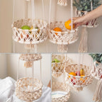 Macrame Hanging Fruit Basket 1/2/3-Tier Boho Wall Storage – Bohemian Hanging Basket for Fruits, Vegetables & Indoor Plants, Kitchen & Home Decor