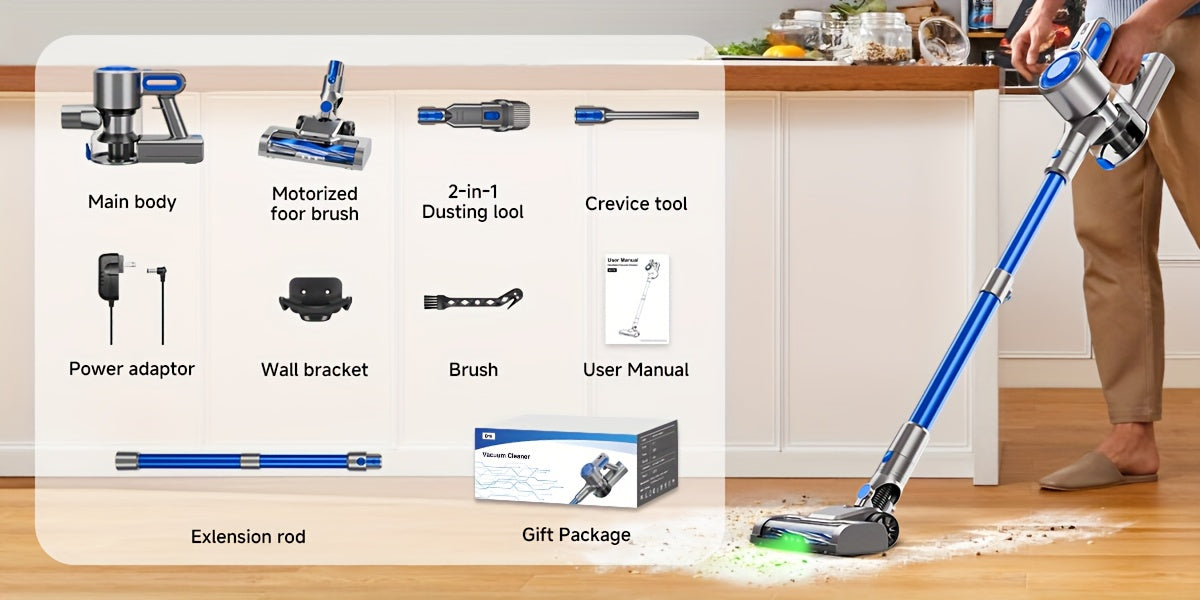 Cordless Vacuum Cleaner 54-64 KPA Lightweight with Anti-Tangle Brush, Removable Battery & Green LED – 45-Min Runtime for Carpet, Pet Hair, Hardwood Floors & Car Detailing