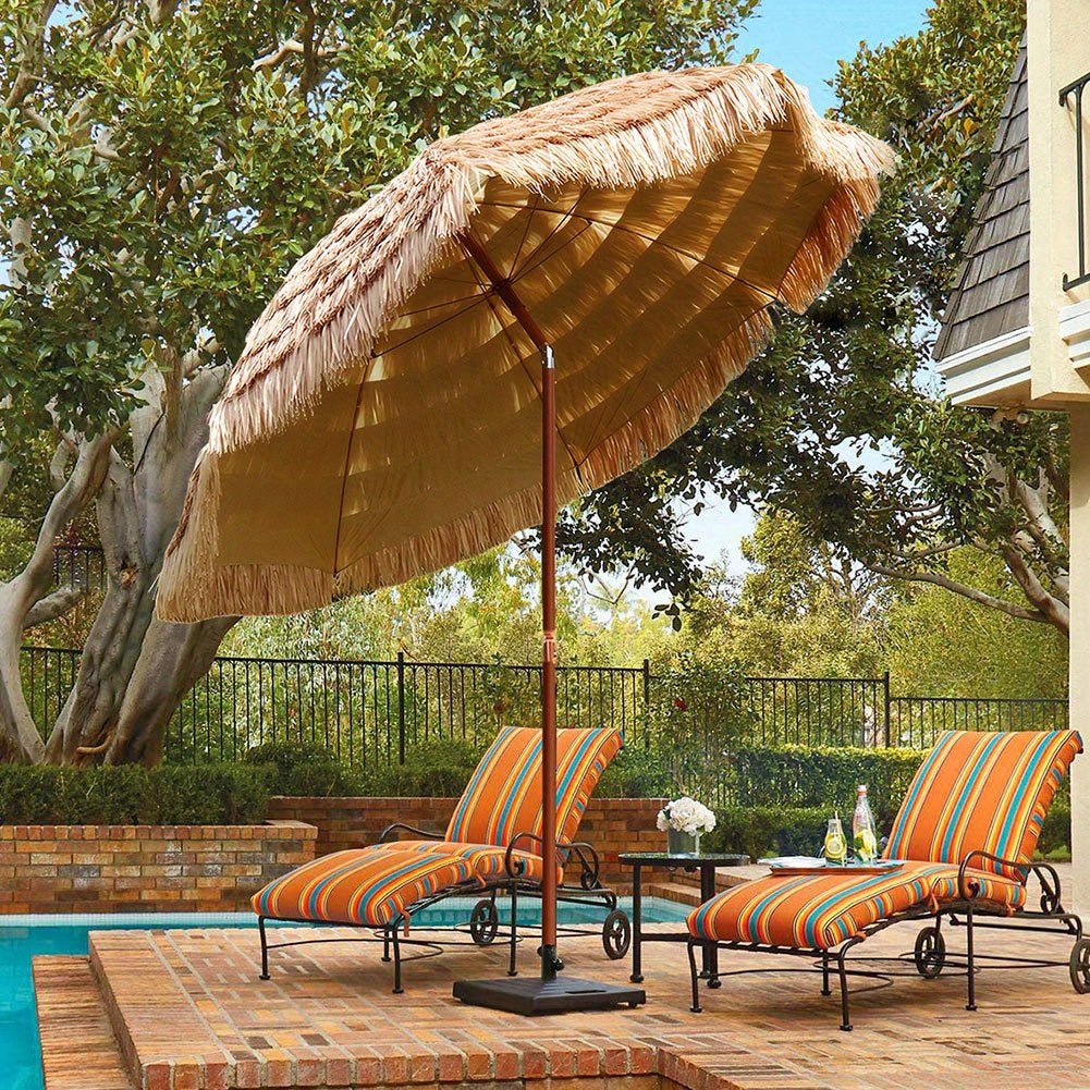 7.5 Foot Tropical Thatch Tiki Outdoor Patio Umbrella UV Protection Push Button Tilt Manual Lift Steel Pole Iron Frame Poolside Garden Backyard