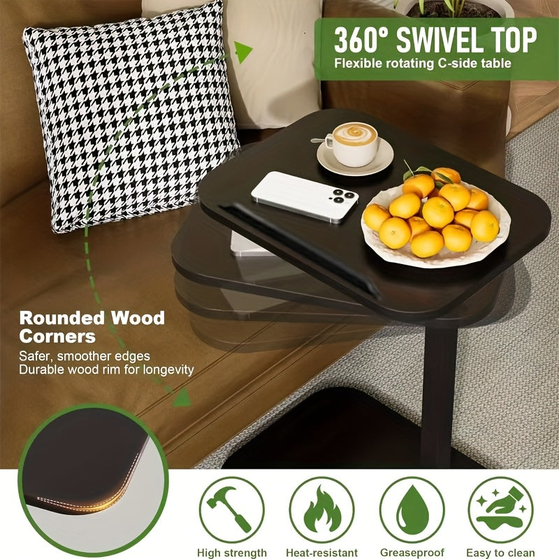 C-Shaped Sofa Side Table with 360° Rotating Top & Adjustable Height – Slide-Under End Table for Living Room Bedroom Small Spaces, Couch Snack Laptop Tray, Black