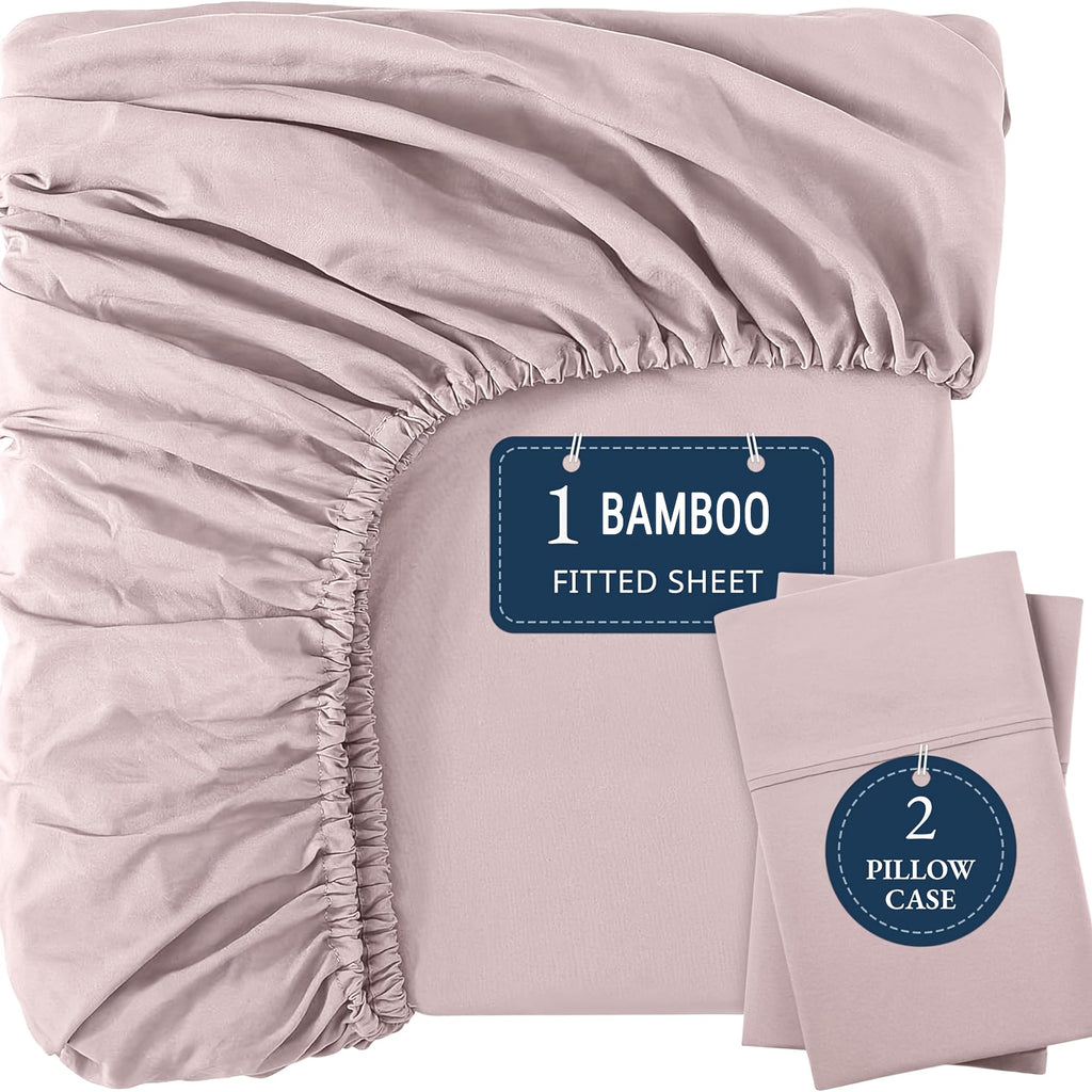 Bamboo Fitted Sheet Set 3pcs Cooling Breathable Soft Deep Pocket – 1 Fitted Sheet & 2 Pillowcases, Fits Mattress Up to 15", Twin Full Queen King, 12 Colors