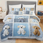 Quilted Bed Cover Set 3 Piece Patchwork Dog Print Quilt with 2 Pillowcases Ultra Soft All-Season Comforter Set Twin Full Queen King
