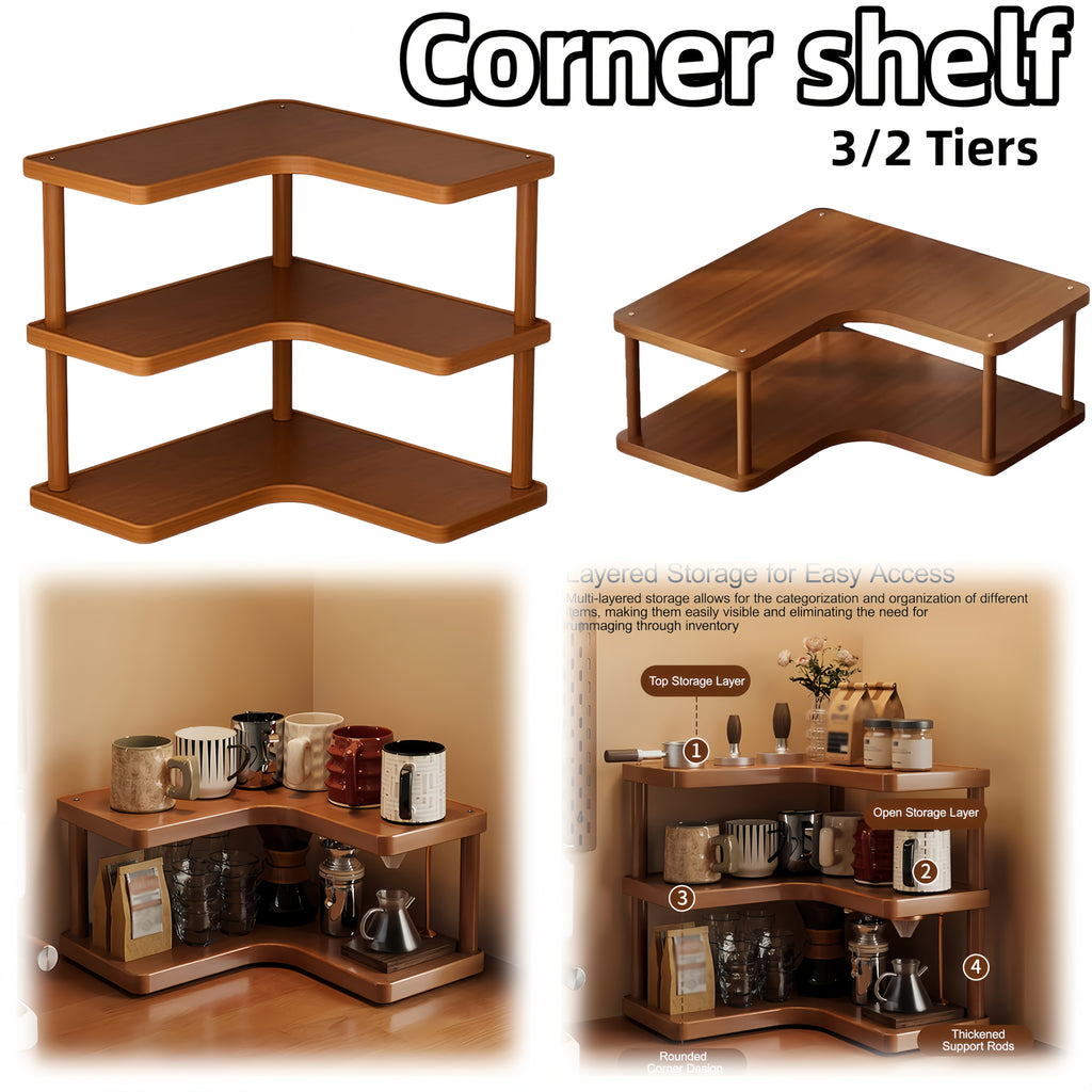 Corner Shelf Organizer – 2 & 3 Tier Triangular Wood Shelf for Kitchen, Coffee Bar, Desk & Wall Corner Storage | Rustic Farmhouse Style