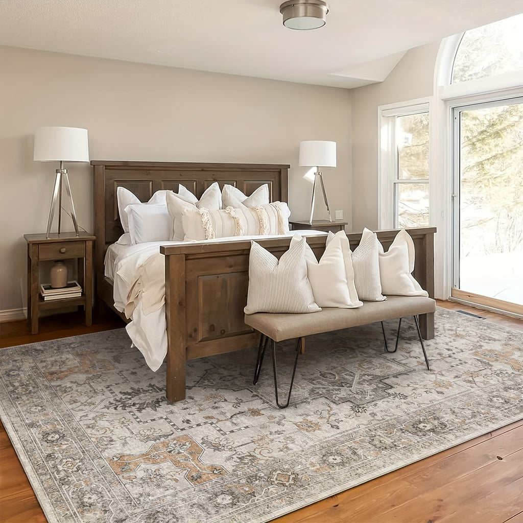 Vintage Retro Chenille Area Rug Machine Washable Non-Slip Lightweight Living Room Bedroom Dining Office – Light Taupe Brown Multiple Sizes