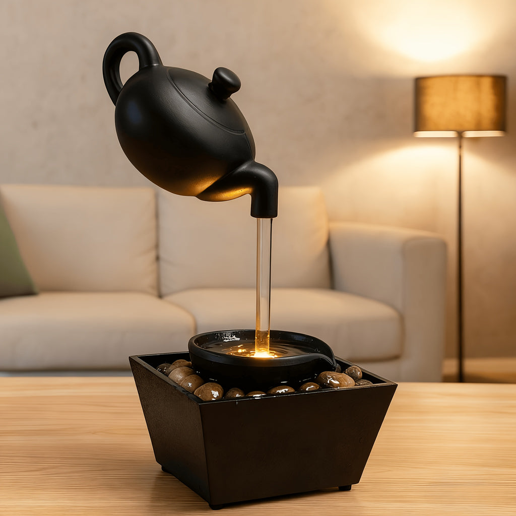 Zen Teapot Water Fountain with LED Warm Light & Flowing Water | Black Resin Tabletop Relaxation Fountain, Pebble Bed, Meditation Decor for Home Office, Stress Relief Gift
