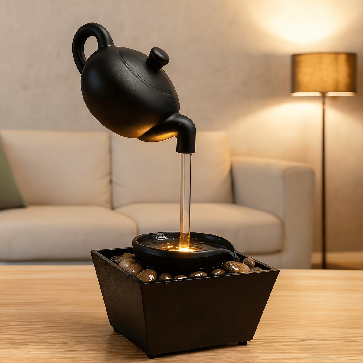 Zen Teapot Water Fountain with LED Warm Light & Flowing Water | Black Resin Tabletop Relaxation Fountain, Pebble Bed, Meditation Decor for Home Office, Stress Relief Gift