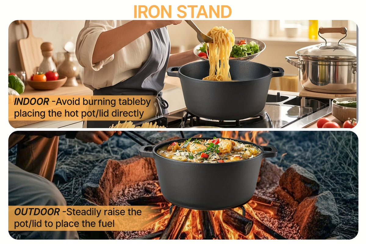 Pre-Seasoned Cast Iron Dutch Oven Set 2-in-1 with Lid, Scraper & Stand – Deep Pot for Camping, BBQ, Bread Baking & Stovetop Cooking