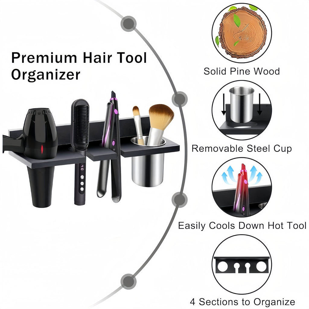 Wall Mounted Wooden Hair Tool Organizer – Multi-Functional Storage Rack for Hair Dryer, Curling Iron, Straightener & Brushes, Rustic Bathroom & Salon Organizer, Brown or Black
