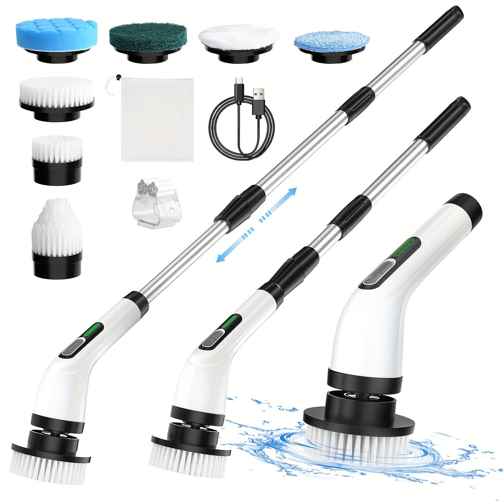 Electric Rotary Scrubber Cordless with 8 Replaceable Brush Heads – Dual Speed USB Rechargeable Power Scrubber, Adjustable Detachable Handle, Swivel Head for Bathroom, Bathtub, Tile, Floor & Shower Cleaning