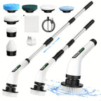 Electric Rotary Scrubber Cordless with 8 Replaceable Brush Heads – Dual Speed USB Rechargeable Power Scrubber, Adjustable Detachable Handle, Swivel Head for Bathroom, Bathtub, Tile, Floor & Shower Cleaning
