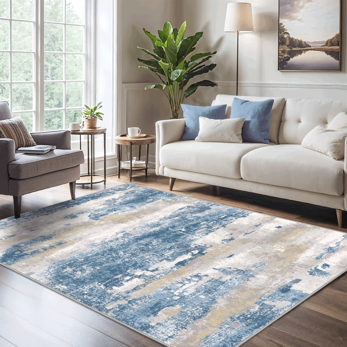 Modern Abstract Area Rug Low Pile Machine Washable Non-Slip for Living Room, Bedroom & Dining – Sage Green, Blue & Dark Grey, 4 Oversized Options