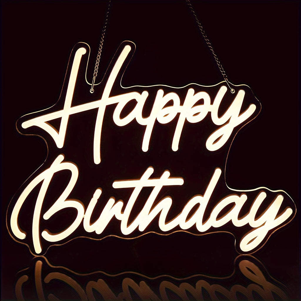 Happy Birthday Neon Sign Dimmable with Tropical Leaf Design, USB Powered LED Wall Decor, 16.5" x 12.2" – Birthday Party Decoration