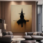 Witch Silhouette Framed Canvas Wall Art – Minimalist Gothic Beige & Black Broomstick Print, Spooky Halloween Decor for Living Room & Bedroom, Multiple Sizes Available