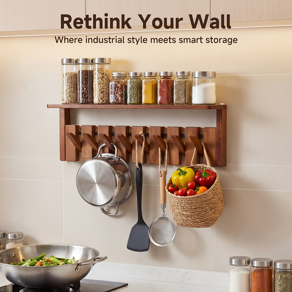 Wall Mounted Coat Rack Foldable Hooks Solid Rubberwood 6 or 8 Hooks 22 lbs Capacity Floating Shelf Dual Installation Drilling or Adhesive for Entryway Bedroom Bathroom Living Room