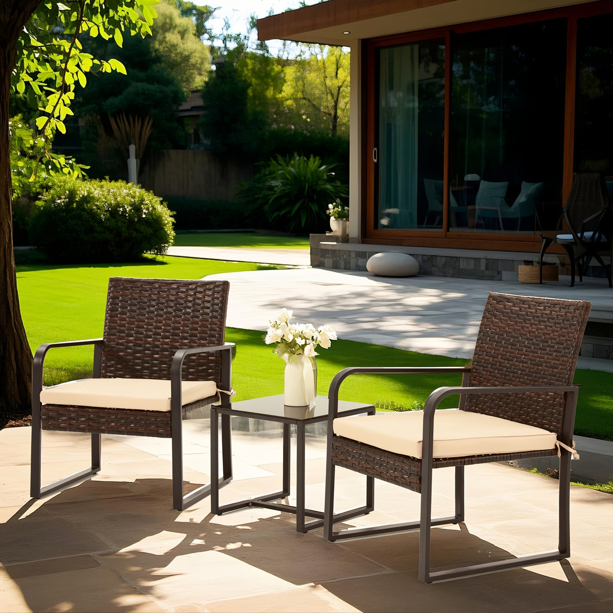 Rattan Bistro Set 3 Piece Outdoor Furniture with Coffee Table Steel Frame Cushions Garden Balcony Poolside Backyard Black Brown Gray