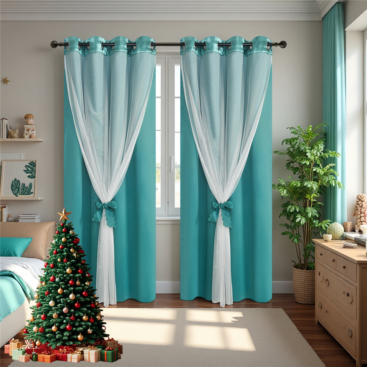 Double Layer Curtains Snowflake Embroidered Sheer Voile + Room Darkening Grommet Drapes – Thermal Insulated Tiebacks Included | 7 Colors Pack of 2