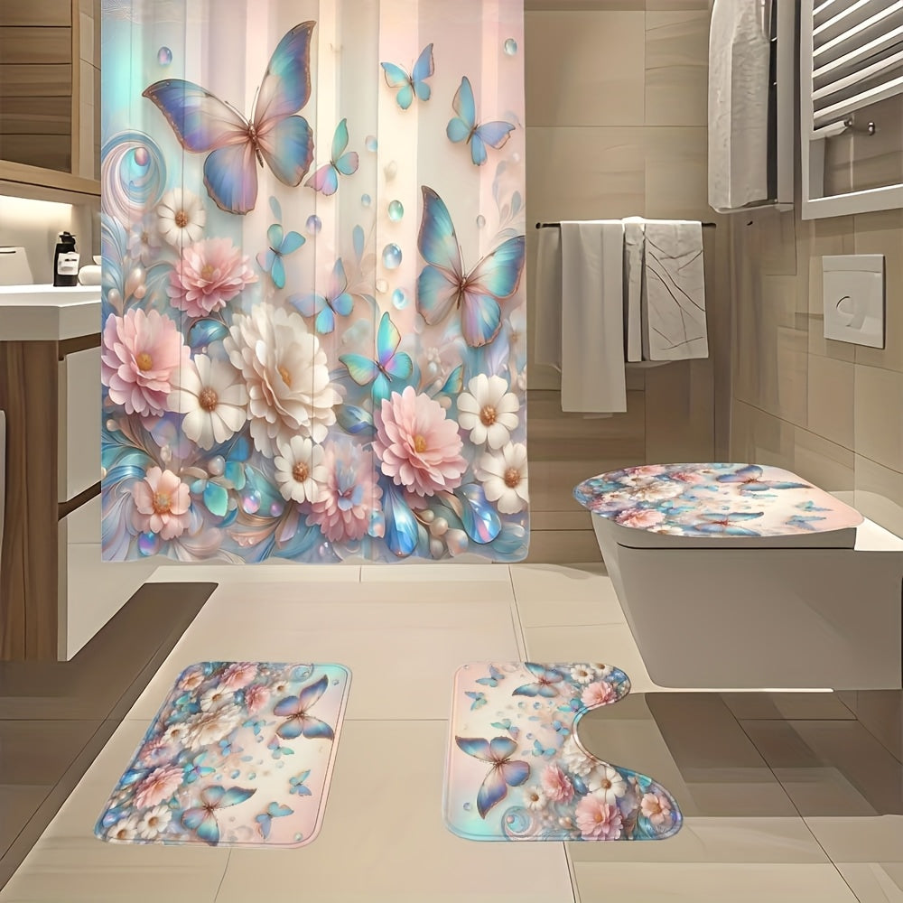4pcs Flower Butterfly Shower Curtain Set 71x71 Inch with 12 Hooks Anti-Slip Bath Mat Toilet U-Shape Pad & Lid Cover - Complete Bathroom Set | Nuvia Haven