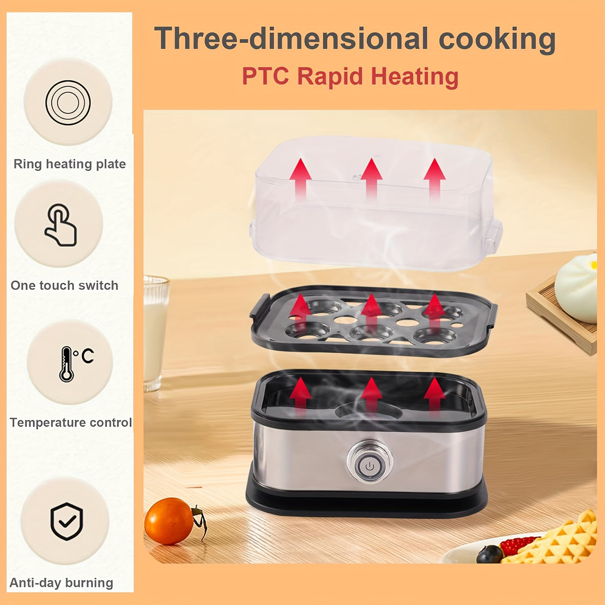 Electric Egg Steamer & Custard Maker 6-Cup Stainless Steel Hard Soft Semi-Boiled Auto Shut-Off Alarm Egg Cooker Black