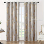 Blackout Curtains Glam Style 2 Panels - Grommet Top Room Darkening Drapes with Gold Foil Wave Pattern, Thickened Polyester Heat Insulation for Living Room & Bedroom