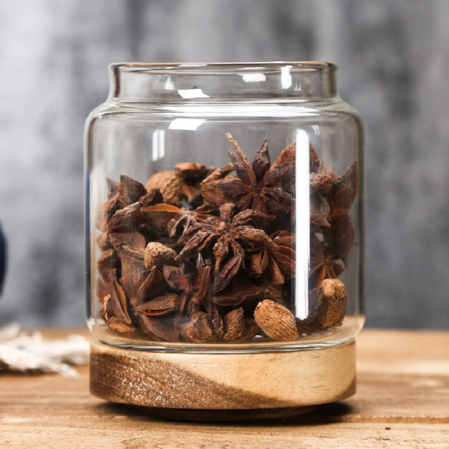 Glass Food Storage Jars with Wooden Lids 4-Piece Set – Airtight Transparent Kitchen Canister Set for Coffee Beans, Spices, Snacks & Dry Goods | 16/25/34/53 oz