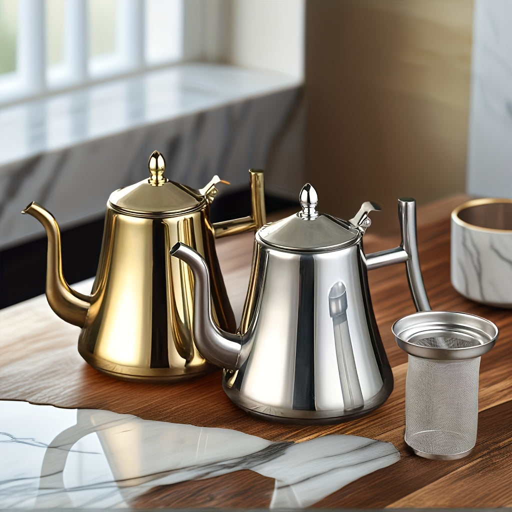 Stainless Steel Kettle with Filter Tea Pot Coffee Pot Cold Water Pitcher Induction Cooker Compatible for Home Hotel Restaurant Golden Finish