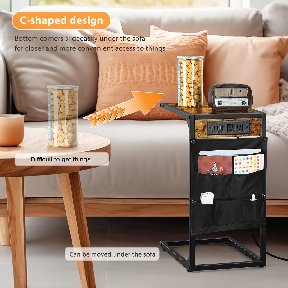 C-Shaped End Table with Charging Station – Sofa Side Table, 50LBS Capacity, Slides Under Sofa, Snack & Laptop Table for Living Room Bedroom (1pc/2pcs, w/wo Storage Bag)