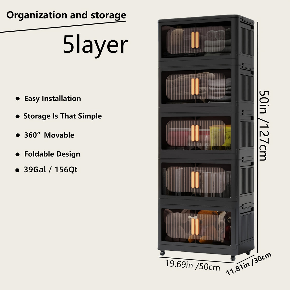Collapsible Storage Locker with Locking Wheels – 4/5 Tier Double Door Plastic Bin Organizer, Stackable Space-Saving Storage Cabinet for Closet, Dorm, Office, Garage, Bedroom & Gym
