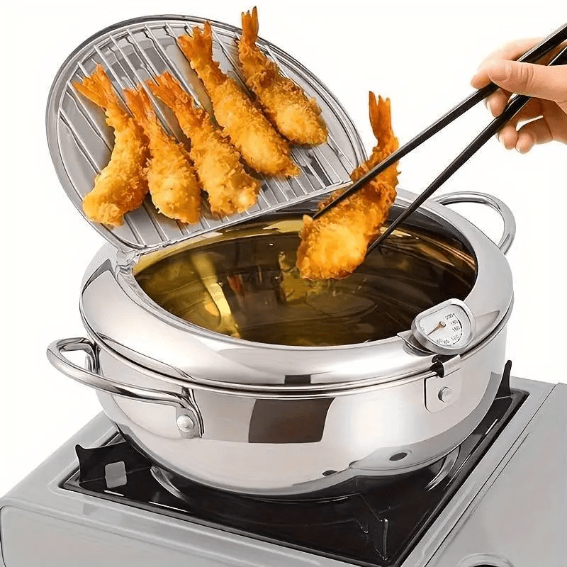 Deep Fryer Pot 304 Stainless Steel Japanese Tempura Frying Pot with Oil Drain Rack, Temperature Control & Lid - Stovetop & Induction Compatible for French Fries, Chicken, Donuts - Home Kitchen