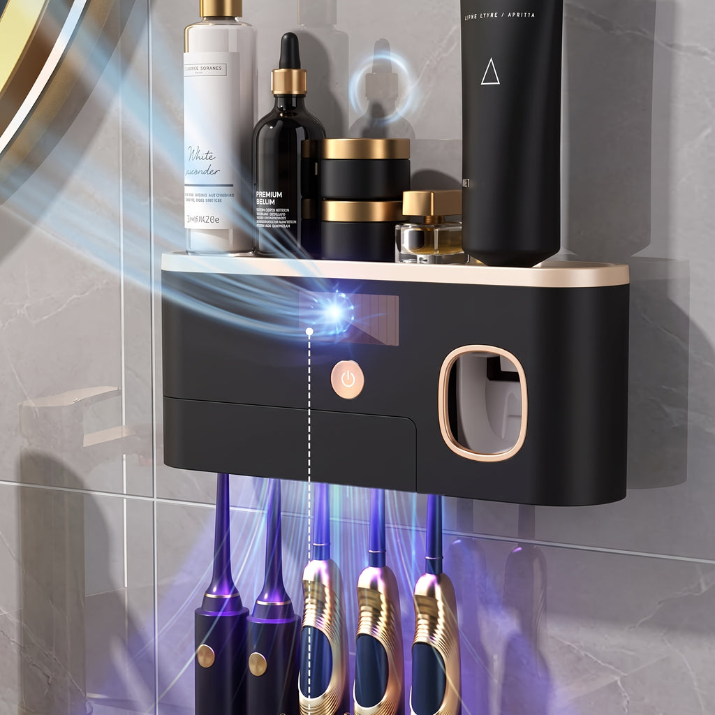 Automatic Toothpaste Dispenser Wall-Mounted with 5-Slot Toothbrush Holder, USB Rechargeable Smart Toothbrush Sanitizing Stand — Bathroom Organizer for Home, White & Black Gold