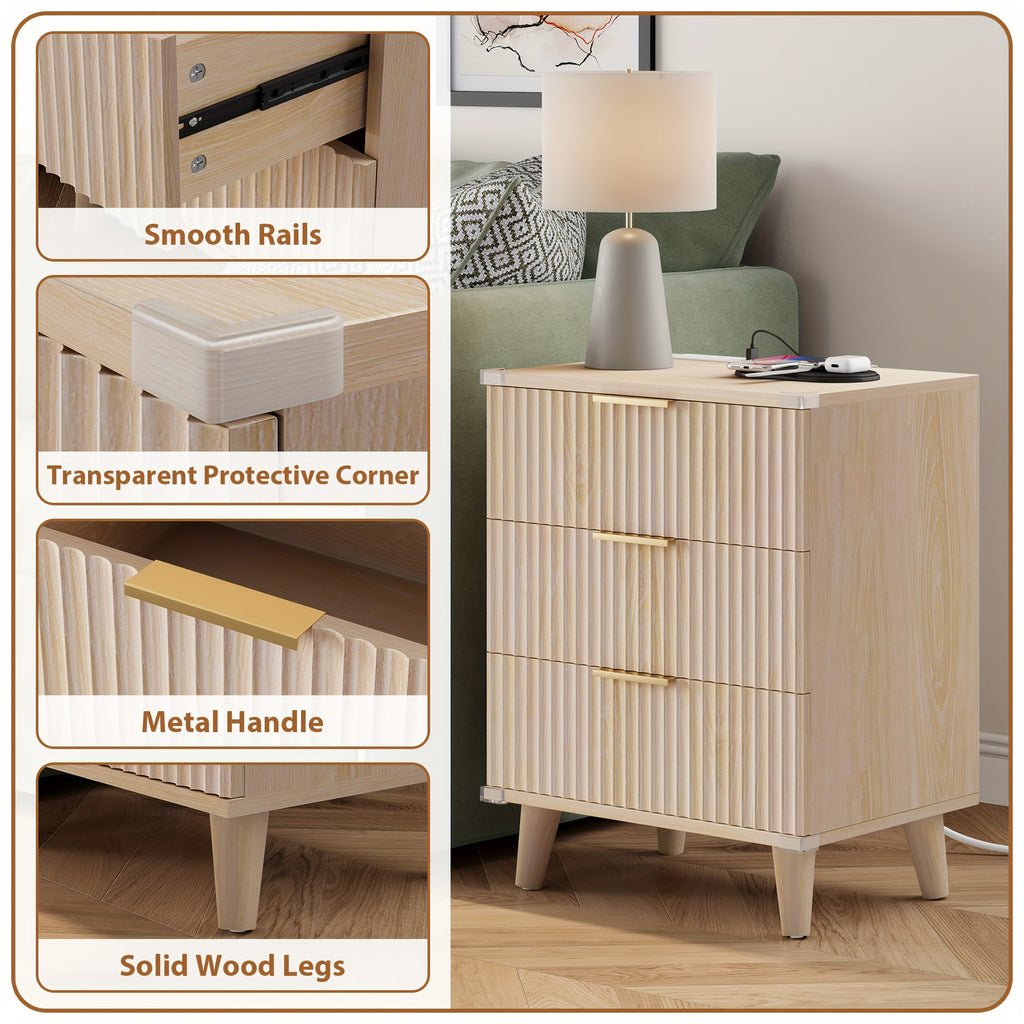 Nightstand with Charging Station – 3-Drawer Bedside Table with 2 USB Ports & 2 AC Outlets, Small Bedroom Side Table | Set of 1 or 2 | Wood, Black, White, Brown