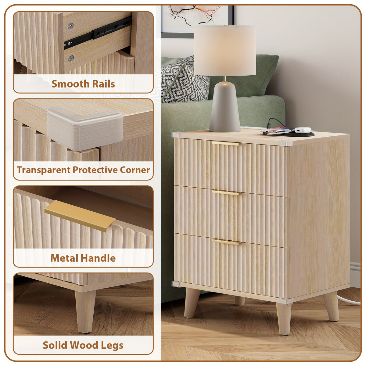 Nightstand with Charging Station – 3-Drawer Bedside Table with 2 USB Ports & 2 AC Outlets, Small Bedroom Side Table | Set of 1 or 2 | Wood, Black, White, Brown