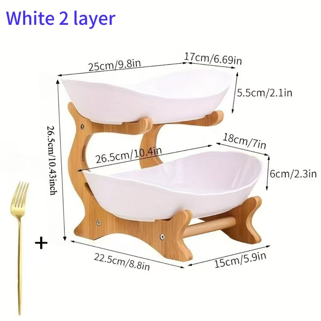 Tiered Fruit Basket Bowl 2-3 Layer Bamboo Wood Stand Kitchen Counter Serving Tray Snack Candy Plate with Fork European Style