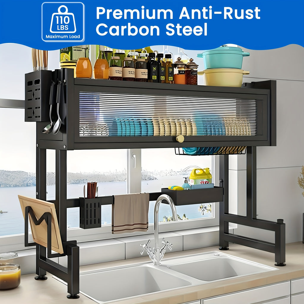 Over The Sink Dish Drying Rack with Dustproof Cover, 3-Tier Large Capacity Organizer for Dishes, Glasses, Bowls & Cutlery – Space-Saving Black Kitchen Storage Rack
