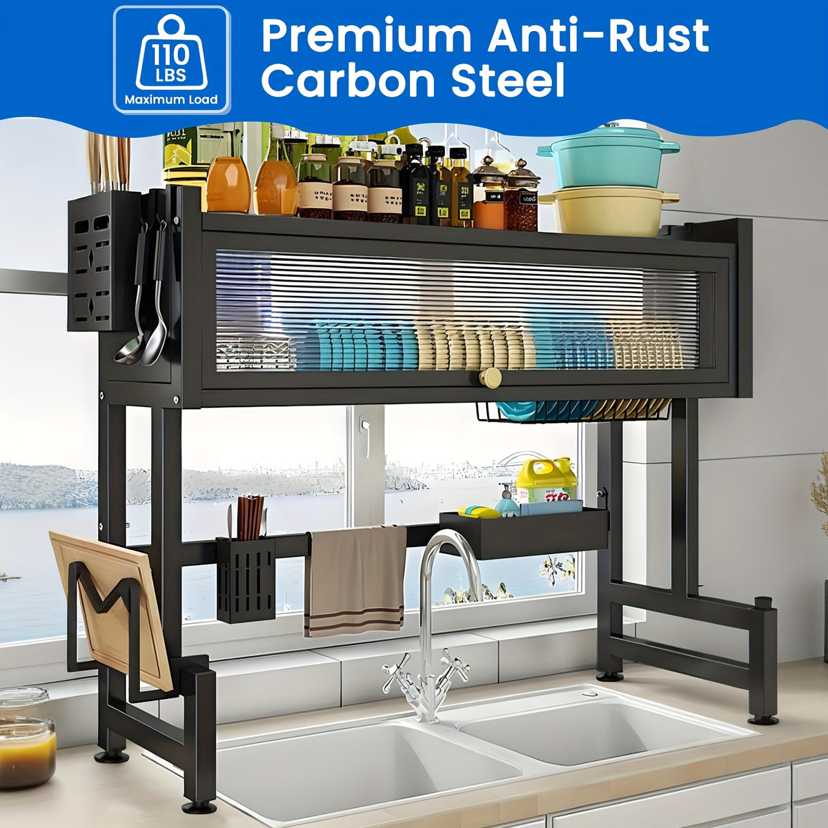 Over The Sink Dish Drying Rack with Dustproof Cover, 3-Tier Large Capacity Organizer for Dishes, Glasses, Bowls & Cutlery – Space-Saving Black Kitchen Storage Rack