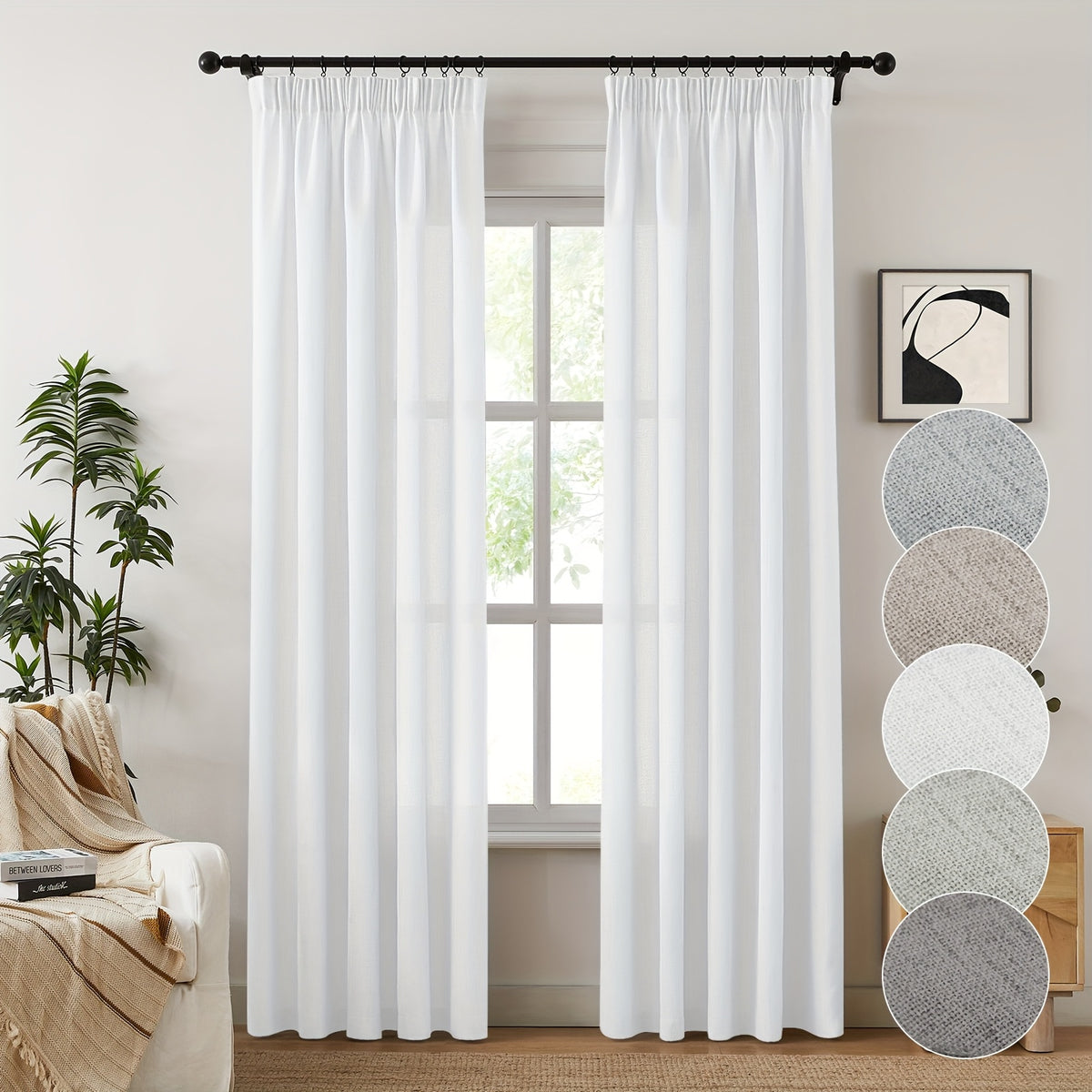 Burlap Textured Semi-Sheer Curtains Rod Pocket 2-Panel Set | Light Filtering Farmhouse Drapes for Living Room Bedroom Bathroom, W52" × H84"/96"/108", Light Grey Natural White
