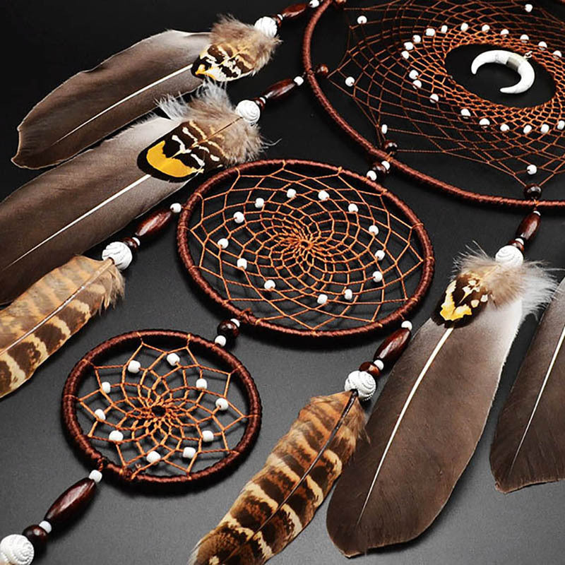 Handmade Feather Rattan Wind Chime Wall Hanging Boho Eclectic Bedroom Decor Dream Catcher Festival Gift Brown Rainbow