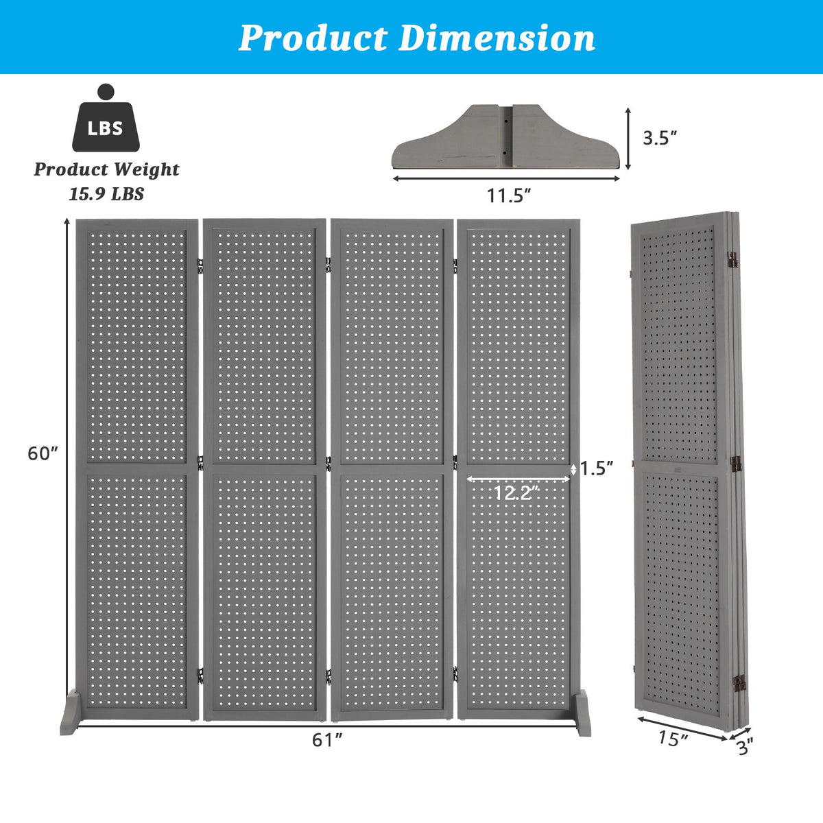 5 FT Freestanding Pegboard Room Divider | Wood Folding Privacy Screen & Display Board Organizer with Support Feet – White, Black, Natural, Grey | Craft Shows, Retail & Home