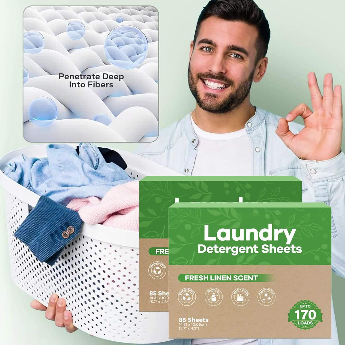 Laundry Detergent Sheets 170 Loads, Eco-Friendly Liquidless Washer Sheets, No Plastic Jug Laundry Soap, Fresh Linen Scent, HE Compatible Detergent Strips for Home & Travel