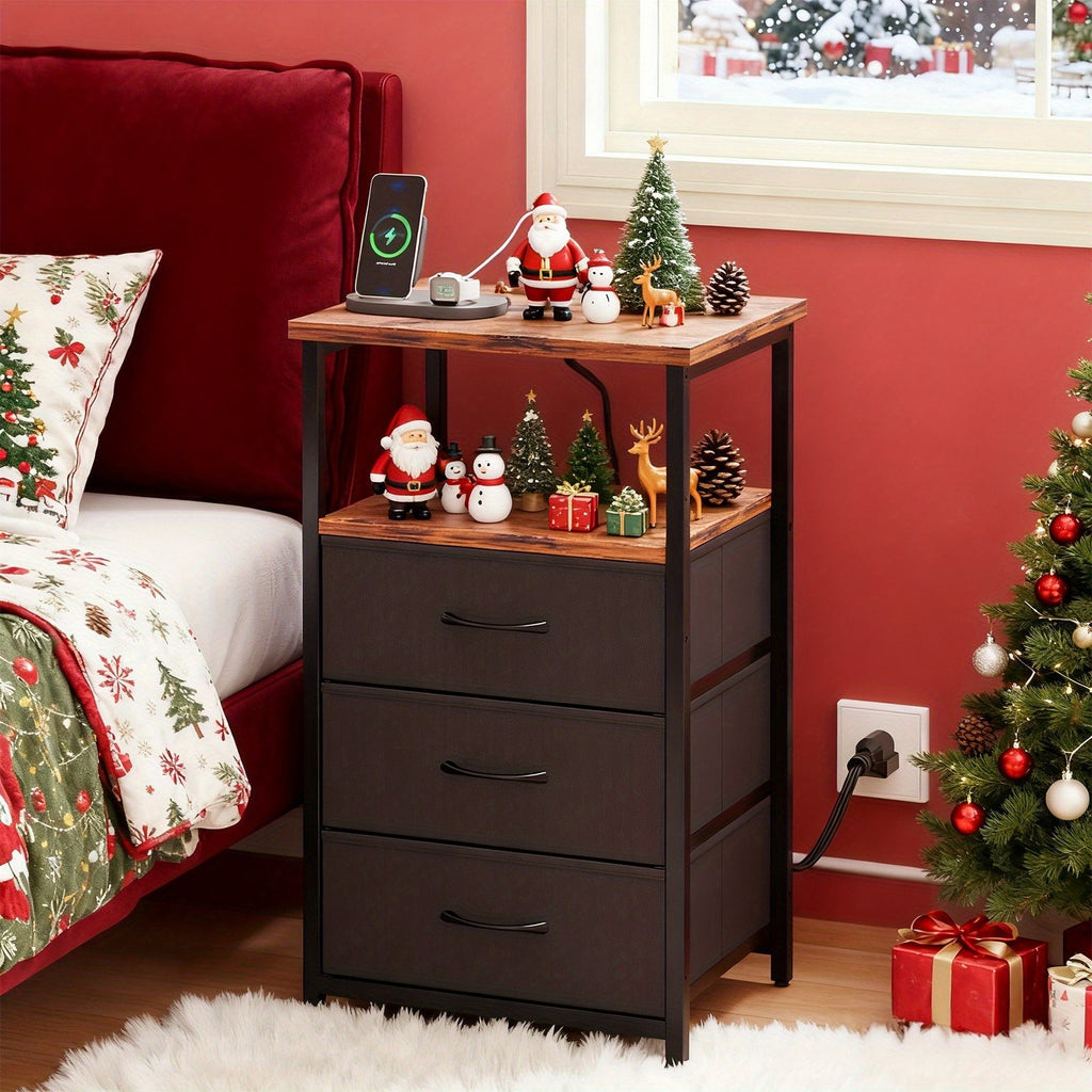 USB Charging Nightstand with 3 Drawers and Storage Shelf Side End Table Heavy Duty Night Stand for Bedroom Dorm Small Spaces USB Port and Power Outlet