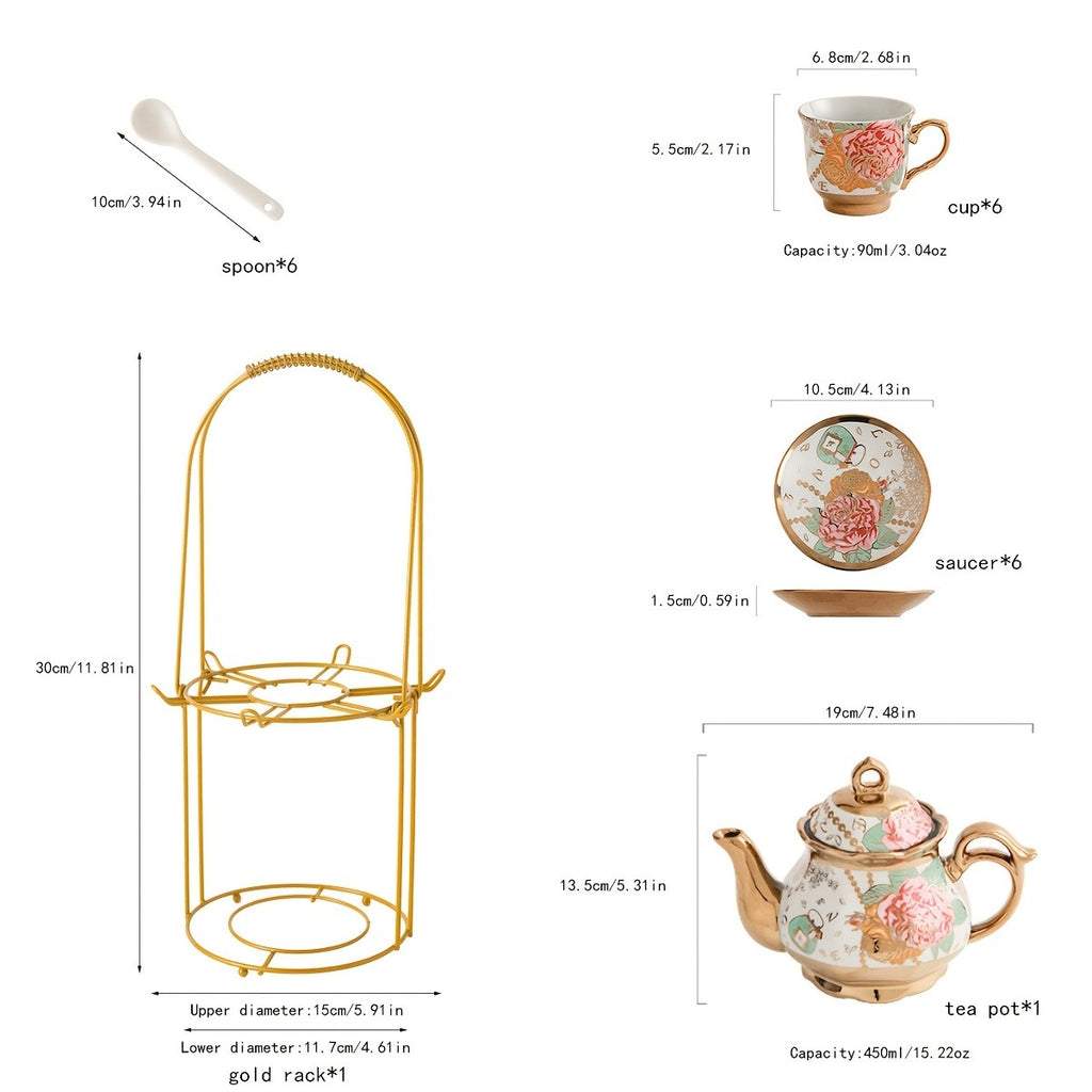 20-Piece Floral Porcelain Tea Set with Metal Holder & Teapot - European Ceramic Espresso Cup and Saucer Set, 3.3oz Cups 15oz Teapot, Afternoon Tea Gift for Golden Pink Purple Flower