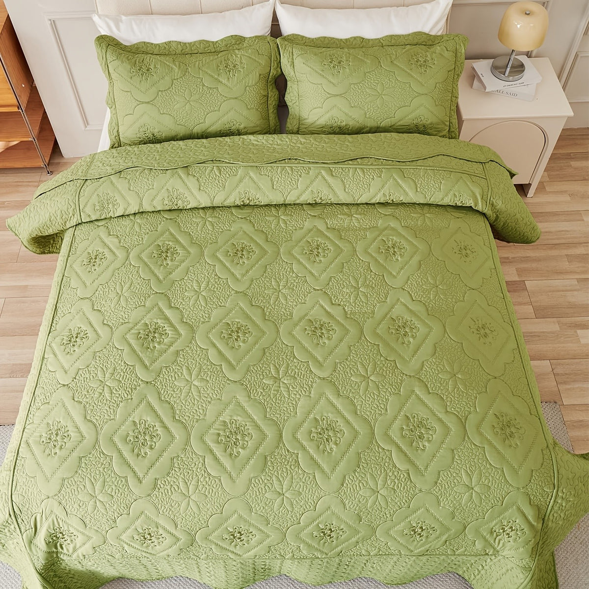 Quilted Embroidered Bedspread Set 3 Pcs – Floral Embroidery, 100% Polyester, Wrinkle-Resistant Lightweight Coverlet for Queen & King Bedroom Decor, 16 Colors