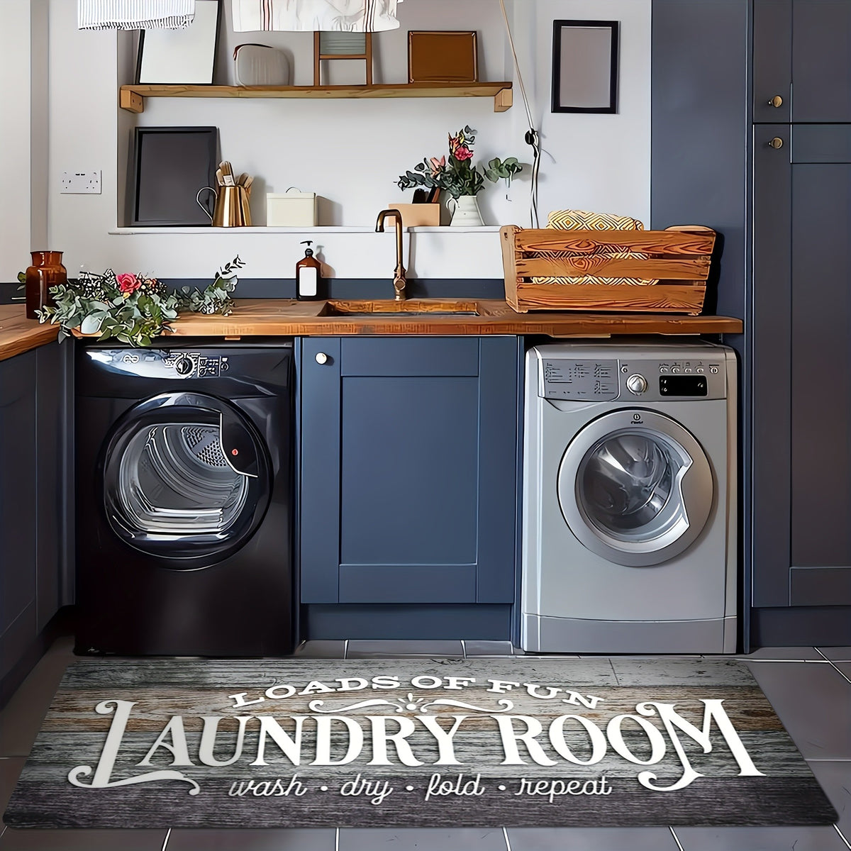 Laundry Room Mat Non-Slip Runner Rug Machine Washable Text Design – Anti-Skid Comfort Standing Mat for Laundry, Kitchen, Bathroom & Porch | Multiple Sizes