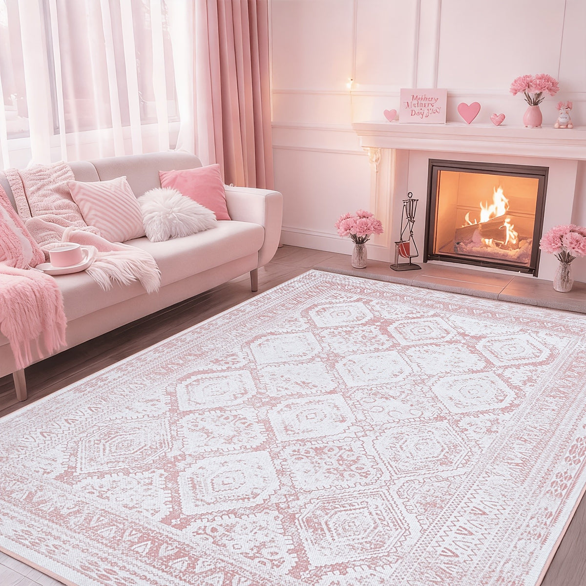 Vintage Retro Area Rug Pink Machine Washable Non-Slip Low Pile for Living Room, Bedroom & Dining – Lightweight Indoor Carpet, 4 Sizes
