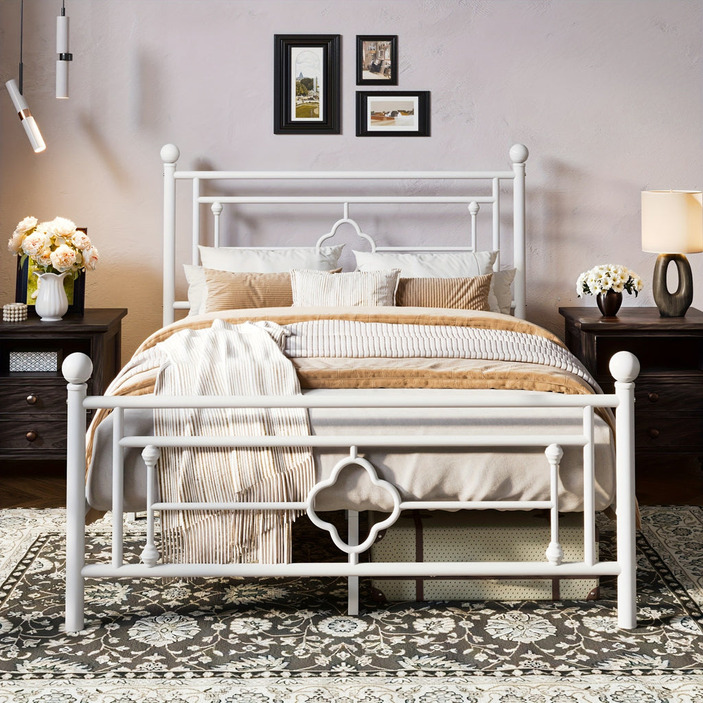 Metal Platform Bed Frame with Vintage Iron Art Headboard Footboard No Box Spring Needed Under Bed Storage Twin Full Queen King Black White Pink Gold