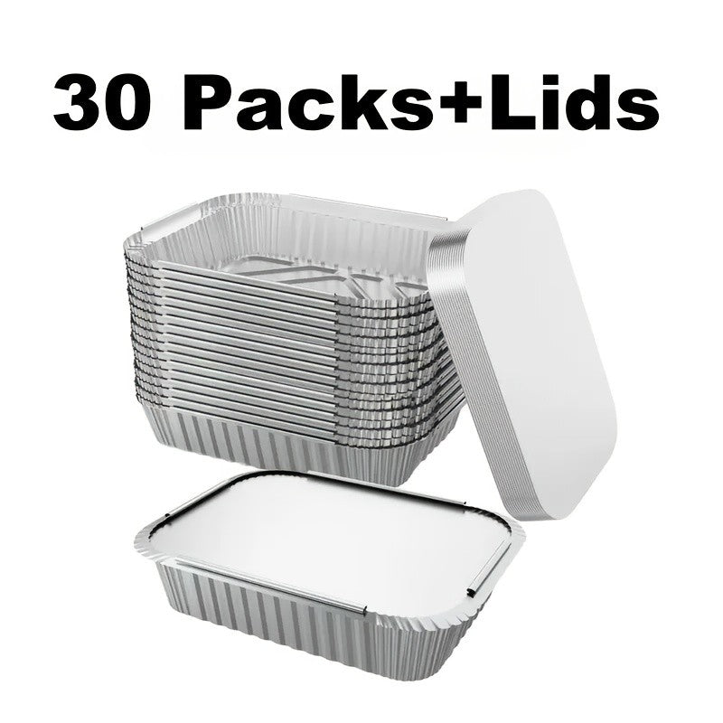 Disposable Aluminum Foil Pans 30 Pack with Lids – Square Tin Foil Meal Prep Containers for Oven, BBQ & Baking | Thick Heavy-Duty Takeaway Boxes
