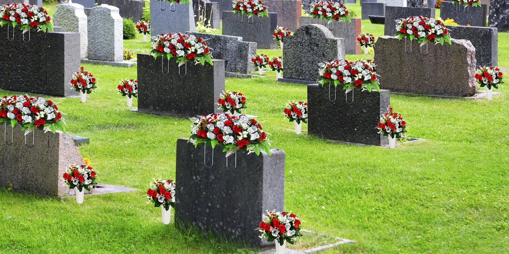 Artificial Cemetery Flowers for Grave with Saddles Silky Rose Bouquets with Vases Headstone Flower Saddle Memorial Day Outdoor Grave Headstone Decoration