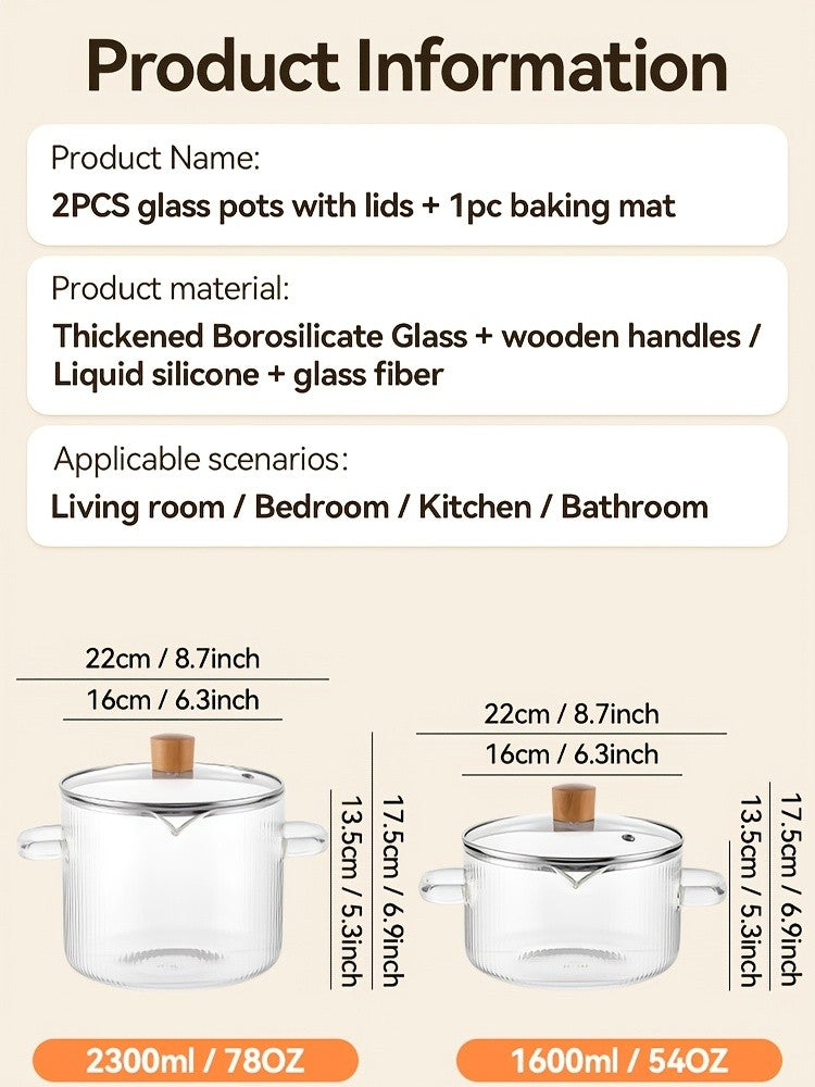 Borosilicate Glass Pots with Lids Set of 2 Stovetop Safe 78Oz & 54Oz Saucepan for Soup Ramen Milk Heat Resistant