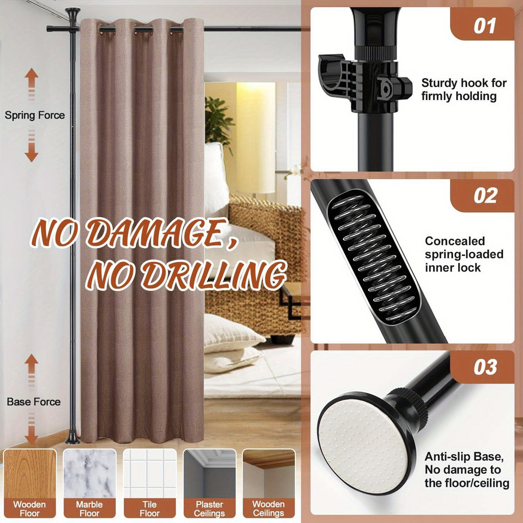 Floor to Ceiling Room Divider Rod No Drill Tension – Adjustable 4-10ft Tall 28-114" Wide Heavy Duty Curtain Partition Stand for Bedroom Studio Apartment, Matte Black White