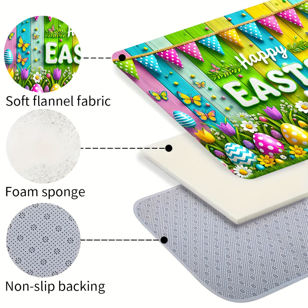 Easter Doormat Flannel Happy Easter Egg Spring Welcome Mat Non-Slip Soft Indoor Outdoor Kitchen Entryway 5 Sizes Including Runner Set