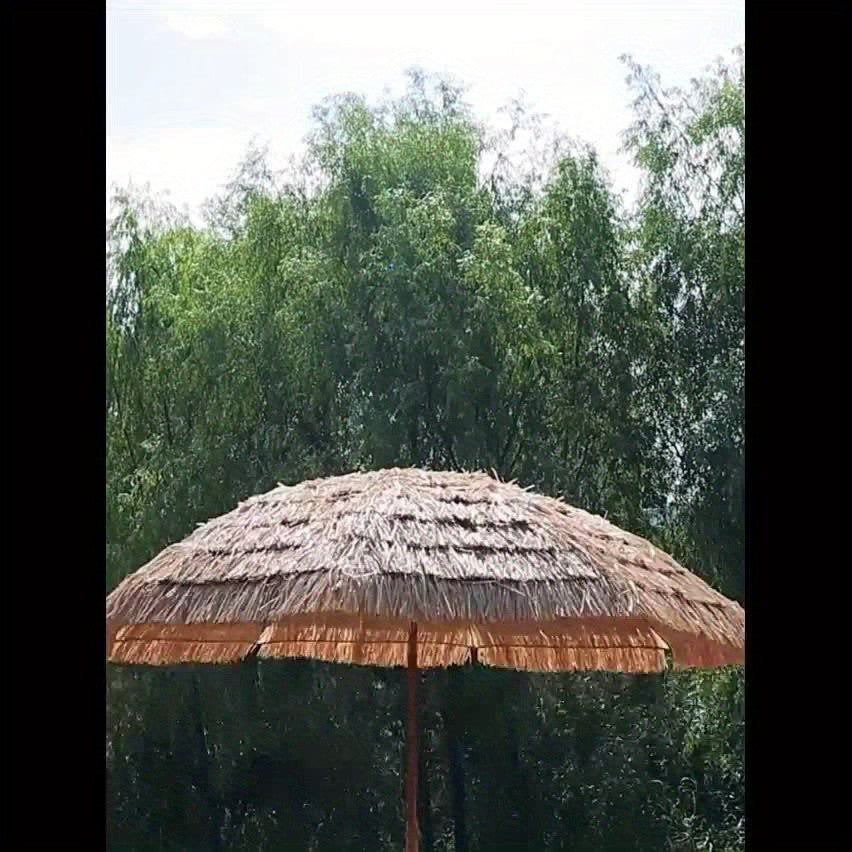 7.5 Foot Tropical Thatch Tiki Outdoor Patio Umbrella UV Protection Push Button Tilt Manual Lift Steel Pole Iron Frame Poolside Garden Backyard